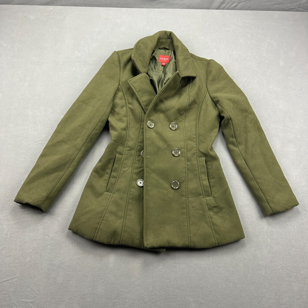 GUESS Double Breasted Pea Coat Womens Small Olive Green Lapel Collar Outerwear